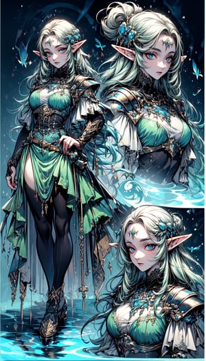 (Best Quality, 8k, 32k, Masterpiece, UHD:1.3), A water theme elf, European elements, Add some accs, CharacterSheet, (multiple views, full body, upper body, reference sheet:1),1 girl