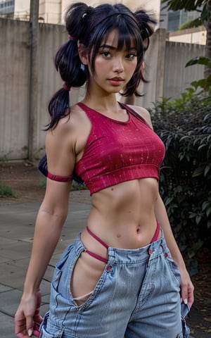 Photorealistic, best-quality. (Musa). (casual outfit), (red crop top, baggy cargo jeans, red headband, red sneakers). (short twin tails, bangs, black hair, black eyes, Asian features).