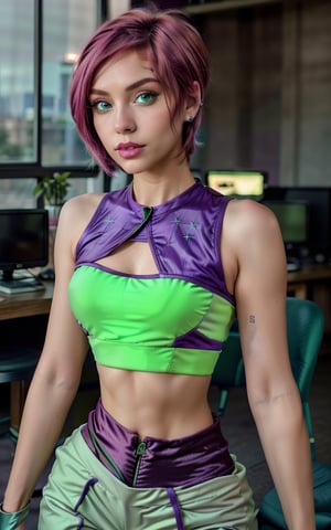 Photorealistic, best-quality. Tecna. (Casual outfit), (sleeveless purple and green crop top, purple pants). (pink hair, short hair, green eyes). pale light skin. In an internet cafe. cyberpunk robot, yuzu