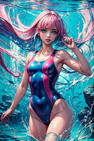 (masterpiece, top quality, best quality, official art, beautiful and aesthetic)16K, HD, mastepiece, detailed background, high contrast, magical colors, pastel tones, high saturation

Underwater with cyan hair with pink hair wearing a magical swimmsuit.