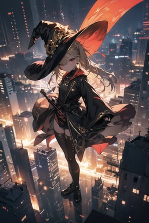 overhead angle shot,Red eyes, evil, golden, shiny, gold hair,High detailed ,midjourney,perfecteyes,Color magic,urban techwear,hmochako,better witch,witch, witch,Long hair ,long hair