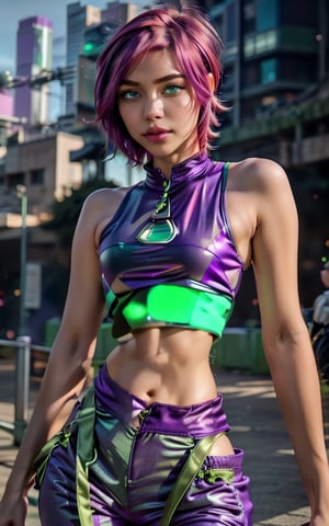 Photorealistic, best-quality. Tecna. (Casual outfit), (sleeveless purple and green crop top, purple pants). (pink hair, short hair, green eyes). ,cyberpunk robot,yuzu