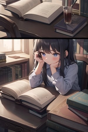 A girl analyzing a book,more detail 