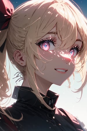(best quality), (masterpiece), (ultra detailed), pink eyes, beautiful detailed eyes, blonde hair, hair ribbon, (looking at viewer), (portrait), smiles slightly, outdoors, scenery, blurry background, vibrance gradient background.