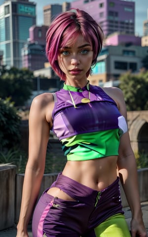 Photorealistic, best-quality. Tecna. (Casual outfit), (sleeveless purple and green crop top, purple pants). (pink hair, short hair, green eyes). pale light skin. cyberpunk robot, yuzu