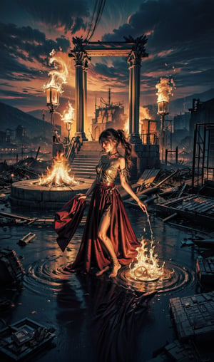 (masterpiece, best quality), intricate details,(masterpiece, top quality, best quality, official art, beautiful and aesthetic)16K, HD, mastepiece, detailed background


In the midst of a raging inferno, a girl stands amidst the devastation, her face wearing a profound sadness. Flames dance around her, consuming everything she once held dear. It's evident that she has lost everything she cherished, leaving behind a shattered world.

Her expression speaks volumes of the pain and sorrow she bears, a poignant reminder of the tragedy that surrounds her. The flickering flames cast an eerie glow on her tear-streaked cheeks, accentuating the desolation in her eyes.

Amidst the chaos, she stands strong, yet her vulnerability is palpable. Despite the heart-wrenching loss, her spirit remains unyielding, a testament to the resilience of the human soul even in the face of the most harrowing circumstances.

In this moment of profound sadness, she becomes a symbol of endurance and hope, a reminder that even amidst destruction, there is a glimmer of strength that can ignite the embers of a new beginning.