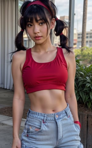 Photorealistic, best-quality. Musa. (casual outfit), (red crop top, baggy cargo jeans, red headband, red sneakers). (short twin tails, bangs, black hair, black eyes, Asian features).