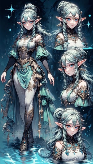 (Best Quality, 8k, 32k, Masterpiece, UHD:1.3), A water theme elf, European elements, Add some accs, Blue and White modern clothes, CharacterSheet, (multiple views, full body, upper body, reference sheet:1),1 girl