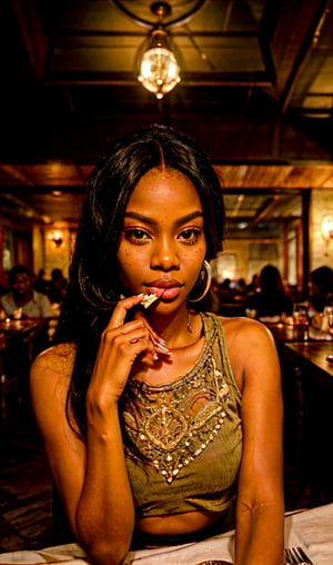 (masterpiece, best quality), intricate details, eating out at a Restaurant. African American girl with long weave. Crop Top. Facing the camera. Close-up view.