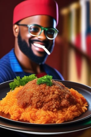 Create a realistic eye-catching promotional image for the upcoming 'Jollof Baza' event! Incorporate classic designs and feature a man confidently holding plates of tantalizing jollof rice. The bold text 'El Chefee of De KFJ' proudly presents 'A Jollof Baza' should be prominently displayed on top of the image. Let the vibrant colors and deliciousness of the jollof rice take center stage, captivating viewers and inviting them to indulge in this flavorful culinary experience!