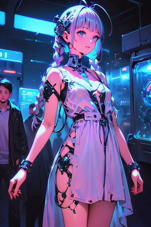 Create a detailed illustration of a young girl in a futuristic, cyberpunk environment. The young woman must have a unique and striking style, with the following characteristics:

Hair:

Bright blue color.
Braided into two long braids that fall in front of her shoulders.
Face:

Delicate and youthful, with large and expressive eyes.
A mark or tattoo in the shape of small stars under one of her eyes.
Outfit:

A loose white or light gray patient gown with front open,
The outfit should appear functional and designed for technological or exploratory activities.
Equipment:

her head connected with cables and lights, and an antenna.
One of the young woman's arms must be a robotic prosthesis, with cables, connectors and visible mechanical parts. The robotic body should have a torn and internal robotic parts exposed , luminous sphere.
Background and Environment:

A busy place, such as a convention or technology fair, with people out of focus in the background.
Bright lighting, with neon lights and reflections to add to the futuristic atmosphere.
The image should capture the essence of the cyberpunk style, with a mix of technological and human elements, and an artistic touch reminiscent of comic or manga art.