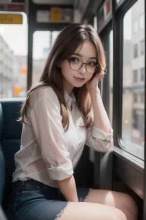 cute girl sitting on a bus, smirk, wire-frame glasses, natural lighting from window, 35mm lens, soft and subtle lighting, girl centered in frame, shoot from eye level, incorporate cool and calming colors,Russian skin