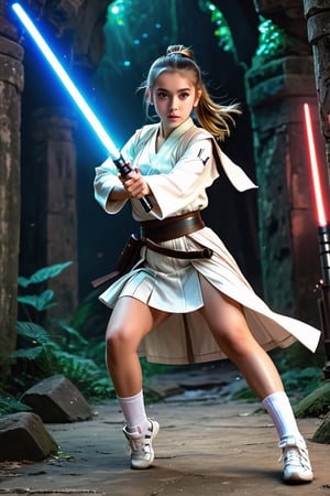 (1 jedi school Girl)、In PE uniform, ((shake a lightsaber))、large glowing eyes, serious expression ,hardly breathing, large hip, long ponytail , jumping with knees bend, Super detailed illustration、extra detailed face、wide open mouth,Raw photography、film grains、detailed skin textures、Detailed fabric texture、dynamic pose, Character Focus, ruins of an another planet,battle scene, dynamic pose,from below view, look at me,neon photography style,detailmaster2,