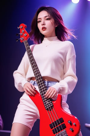 ((((Seductive woman plays electric bass:1.5, 4 strings)))), (​masterpiece、Best Quality:1.4),  (Beautiful, Aesthetic, Perfect, Delicate, Convoluted:1.2), (Cute, Adorable), (depth of fields:1.2), cinema shot, Bokeh, Perfect female shape, (Perfect face, Detailed face, full pouty lips, Glossy lips, makeup, eye line, Expressive eyes), (medium breasts, thin waist), ((thigh-high boots and short pants):1.3), ((windy hair):1.2), On stage,Good hands, Better hands,2hand, 5FINGERS,neon photography style