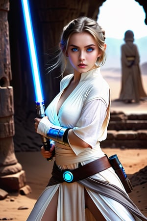 (1 Jedi Girl)、In Jedioutfit 、((Have a lightsaber))、28yo, large glowing blue eyes, medium breasts, Super detailed illustration、extra detailed face、large glowing eyes, Raw photography、film grains、detailed skin textures、Detailed fabric texture、dynamic pose, Character Focus, ruins of an another planet ,action scene, dynamic pose, OHWX WOMAN,beautymix,detailmaster2