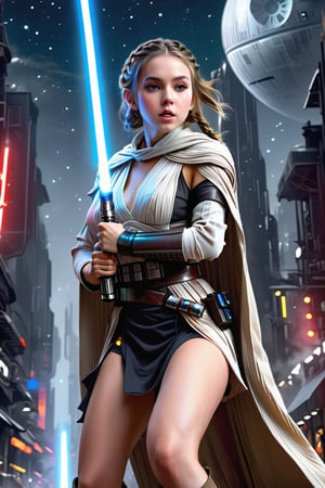 (1 jedi Girl)、In jedioutfit, jedi cape, bare-legs, ((Have a lightsaber))、pale skin, large glowing eyes, serious expression ,medium breasts, long braid,  jumping with knees bend, Super detailed illustration、extra detailed face、wide open mouth, breathing heavily , Raw photography、film grains、detailed skin textures、Detailed fabric texture、dynamic pose, Character Focus, city street, Empire troopers ,((huge death-star in the sky:1.3)), battle scene, dynamic pose,from below , ground view, look at me, detailmaster2,neon photography style,science fiction
