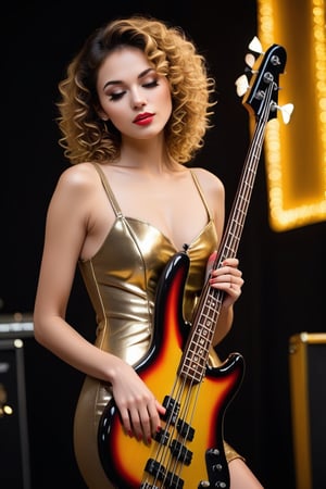 ((((Seductive woman plays electric bass:1.5, 4 strings)))), (​masterpiece、Best Quality:1.4),  (Beautiful, Aesthetic, Perfect, Delicate, Convoluted:1.2), (Cute, Adorable), (depth of fields:1.2), cinema shot, Bokeh, Perfect female shape, (Perfect face, Detailed face, full pouty lips, Glossy lips, makeup, eye line, Expressive eyes), (medium breasts, thin waist), ((gold A-line one piece and high heels):1.3), ((curly hair:1.2)), On stage,Good hands, Better hands,2hand, 5FINGERS,neon photography style