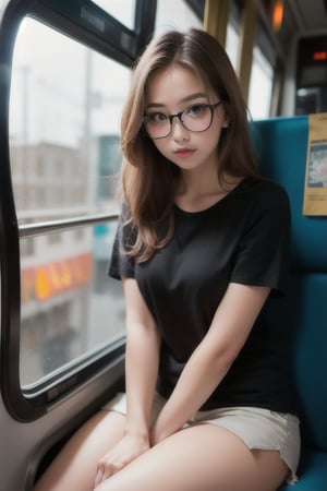 cute girl sitting on a bus, smirk, wire-frame glasses, natural lighting from window, 35mm lens, soft and subtle lighting, girl centered in frame, shoot from eye level, incorporate cool and calming colors
