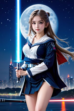 (1 jedi school Girl)、In school uniform, sailor style blouse, bare-legs, ((Have a lightsaber))、large glowing eyes, medium breasts, long straight hair, floating hair, Super detailed illustration、extra detailed face、open mouth,Raw photography、film grains、detailed skin textures、Detailed fabric texture、dynamic pose, Character Focus, night city, (huge moon in the sky) ,battle scene, dynamic pose,side view, look at me, detailmaster2,neon photography style,