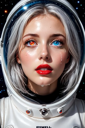 An astronote woman and space, (astronote suit),space helmet,  beautiful and detailed woman, beautiful and detailed eyes, tears in her eyes, glowing eyes, heterochromia eyes, great detail in the tears, rimel of the eyes desalineated by crying, silver hair, freckles in the pins, red lips, decayed lips, tears for the pins and mouth, semi -open lips,Heterochromia, huge planets background, 