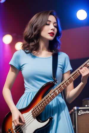 ((((Seductive woman plays electric bass:1.5, 4 strings)))), (​masterpiece、Best Quality:1.4),  (Beautiful, Aesthetic, Perfect, Delicate, Convoluted:1.2), (Cute, Adorable), (depth of fields:1.2), cinema shot, Bokeh, Perfect female shape, (Perfect face, Detailed face, full pouty lips, Glossy lips, makeup, eye line, Expressive eyes), (medium breasts, thin waist), (pale-blue Frizzy hair), (long t-shirt, skinny pants ), On stage,Good hands, Better hands,2hand, 5FINGERS,