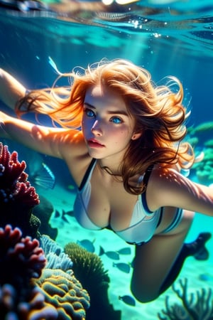 A real photo of a young female explorer, put on scuba diving gear and Investigating underwater of the ocean, a strong and athletic build, Her wavy hair floats around her like a halo, ((deep,  glowing ocean-blue eyes)), (a sank ancient shipwreck under the sea In the background), covered nipples:1.3,
