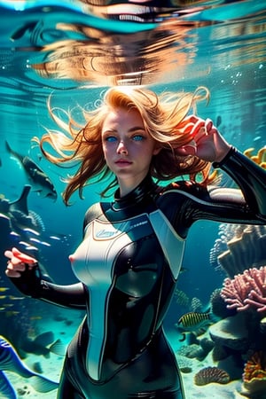 A real photo of a young female explorer, put on wetsuit and Investigating underwater of the ocean, a strong and athletic build, Her wavy hair floats around her like a halo, ((deep,  glowing ocean-blue eyes)), (a sank ancient shipwreck under the sea In the background), covered nipples:1.3,