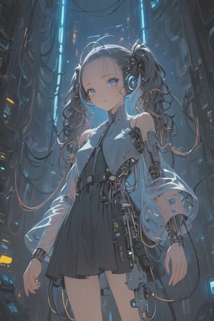 Create a detailed illustration of a young girl in a futuristic, cyberpunk environment. The young woman must have a unique and striking style, with the following characteristics:

Hair:

Bright blue color.
twin long ponytails that fall in front of her shoulders.
Face:
Delicate and youthful, with large and expressive eyes.
Outfit:
A loose see-through patient gown with front open.
The clothes should appear functional and designed for technological or exploratory activities.
internal robotic parts exposure.
Equipment:

her head connected with cables and an antenna.
One of the young woman's arms must be a robotic prosthesis, with cables, connectors and visible mechanical parts. The robotic hand should have a cracked, luminous sphere.
Background and Environment:

A busy place, such as a convention or technology fair, with people out of focus in the background.
Bright lighting, with neon lights and reflections to add to the futuristic atmosphere.
The image should capture the essence of the cyberpunk style, with a mix of technological and human elements, and an artistic touch reminiscent of comic or manga art.