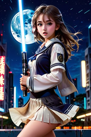 (1 jedi school Girl)、In school uniform, sailor style blouse, bare-legs, ((Have a lightsaber))、large glowing eyes, medium breasts, long straight hair, floating hair, Super detailed illustration、extra detailed face、open mouth,Raw photography、film grains、detailed skin textures、Detailed fabric texture、dynamic pose, Character Focus, night city, (huge moon in the sky) ,battle scene, dynamic pose,side view, look at me, detailmaster2,neon photography style,detailmaster2