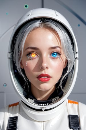 An astronaut woman and space, (astronaut suit), (astronaut helmet), beautiful and detailed woman, beautiful and detailed eyes, tears in her eyes, glowing eyes, heterochromia eyes, great detail in the tears, rimel of the eyes desalineated by crying, silver hair, freckles in the pins, red lips, decayed lips, tears for the pins and mouth, semi -open lips,Heterochromia, planets background, 