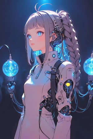 Create a detailed illustration of a young girl in a futuristic, cyberpunk environment. The young woman must have a unique and striking style, with the following characteristics:

Hair:

Bright blue color.
Braided into two long braids that fall in front of her shoulders.
Face:

Delicate and youthful, with large and expressive eyes.
A mark or tattoo in the shape of small stars under one of her eyes.
Outfit:

A loose white or light gray suit, with stitching and zipper details.
The suit should appear functional and designed for technological or exploratory activities.
Equipment:

her head connected with cables and lights, and an antenna.
One of the young woman's arms must be a robotic prosthesis, with cables, connectors and visible mechanical parts. The robotic hand should have a cracked, luminous sphere.
Background and Environment:

A busy place, such as a convention or technology fair, with people out of focus in the background.
Bright lighting, with neon lights and reflections to add to the futuristic atmosphere.
The image should capture the essence of the cyberpunk style, with a mix of technological and human elements, and an artistic touch reminiscent of comic or manga art.