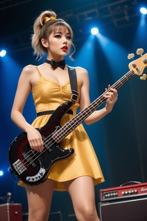 ((((Seductive woman plays electric bass:1.5, 4 strings)))), (​masterpiece、Best Quality:1.4),  (Beautiful, Aesthetic, Perfect, Delicate, Convoluted:1.2), (Cute, Adorable), (depth of fields:1.2), cinema shot, Bokeh, Perfect female shape, (Perfect face, Detailed face, full pouty lips, Glossy lips, makeup, eye line, Expressive eyes), (medium breasts, thin waist), (puffy mini dress and short boots:1.3), bare-legs , ((short ponytail and hair ribbon):1.4), On stage,Good hands, Better hands,2hand, 5FINGERS,