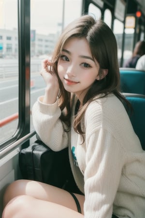 cute girl sitting on a bus, ashamed smile, duck mouth, natural lighting from window, 35mm lens, soft and subtle lighting, girl centered in frame, shoot from eye level, incorporate cool and calming colors