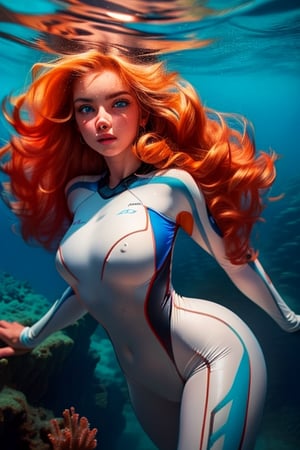 A real photo of a young female explorer, wearing white wetsuits and Investigating underwater of the ocean, a strong and athletic build, Her wavy hair floats around her like a halo, ((deep,  glowing ocean-blue eyes)), (a sank ancient shipwreck under the sea In the background), covered nipples:1.3,