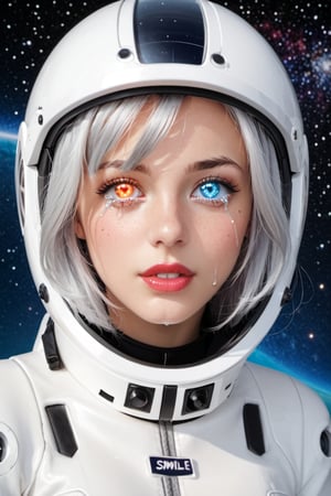 An astronote woman and space, (astronote suit), (astronote helmet), beautiful and detailed woman, beautiful and detailed eyes, tears in her eyes, glowing eyes, heterochromia eyes, great detail in the tears, rimel of the eyes desalineated by crying, silver hair, freckles in the pins, red lips, decayed lips, tears for the pins and mouth, semi -open lips,Heterochromia, planets background, 