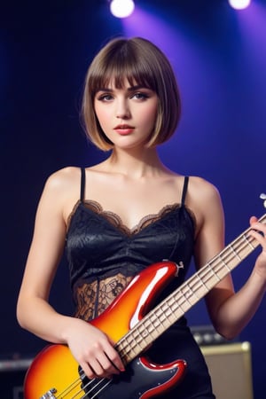 ((((Seductive woman plays electric bass:1.5, 4 strings)))), (​masterpiece、Best Quality:1.4),  (Beautiful, Aesthetic, Perfect, Delicate, Convoluted:1.2), (Cute, Adorable), (depth of fields:1.2), cinema shot, Bokeh, Perfect female shape, (Perfect face, Detailed face, full pouty lips, Glossy lips, makeup, eye line, Expressive eyes), (medium breasts, thin waist), ((white lace camisole and bare-legs and electric bass):1.3), ((bowl cut):1.2), On stage,Good hands, Better hands,2hand, 5FINGERS,neon photography style,kristinapimenova