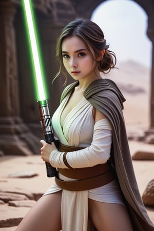 (1 Jedi Girl)、In Jedioutfit 、((Have a lightsaber))、medium breasts, Super detailed illustration、extra detailed face、large glowing eyes, Raw photography、film grains、detailed skin textures、Detailed fabric texture、dynamic pose, Character Focus, ruins of an another planet ,action scene, dynamic pose, OHWX WOMAN