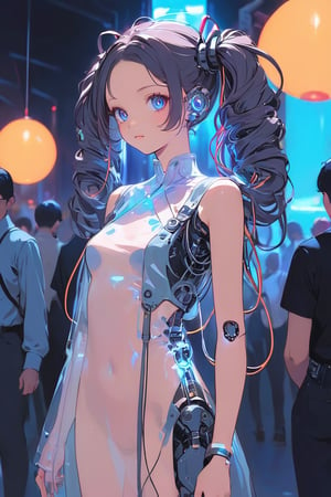 Create a detailed illustration of a young girl in a futuristic, cyberpunk environment. The young woman must have a unique and striking style, with the following characteristics:

Hair:

Bright blue color.
twin long ponytails that fall in front of her shoulders.
Face:
Delicate and youthful, with large and expressive eyes.
Outfit:
A loose see-through patient gown with front open.
The clothes should appear functional and designed for technological or exploratory activities.
internal robotic parts exposure.
Equipment:

her head connected with cables and an antenna.
One of the young woman's arms must be a robotic prosthesis, with cables, connectors and visible mechanical parts. The robotic hand should have a cracked, luminous sphere.
Background and Environment:

A busy place, such as a convention or technology fair, with people out of focus in the background.
Bright lighting, with neon lights and reflections to add to the futuristic atmosphere.
The image should capture the essence of the cyberpunk style, with a mix of technological and human elements, and an artistic touch reminiscent of comic or manga art.