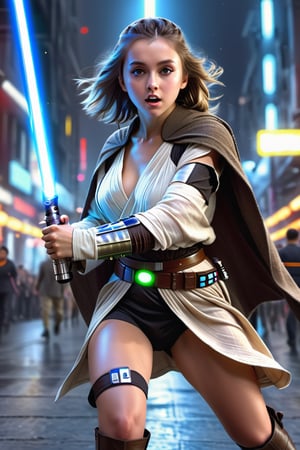 (1 jedi Girl)、In jedioutfit, jedi cape, bare-legs, ((Have a lightsaber))、large glowing eyes, serious expression ,medium breasts, floating hair, jumping with knees bend, Super detailed illustration、extra detailed face、wide open mouth,Raw photography、film grains、detailed skin textures、Detailed fabric texture、dynamic pose, Character Focus, city street, crowd ,battle scene, dynamic pose,side view, look at me, detailmaster2,neon photography style,detailmaster2,science fiction