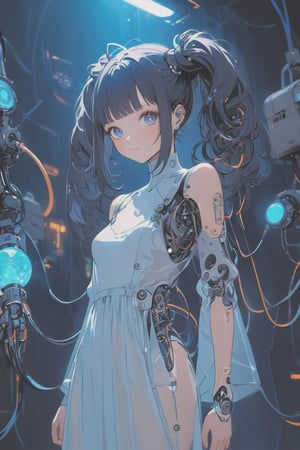 Create a detailed illustration of a young girl in a futuristic, cyberpunk environment. The young woman must have a unique and striking style, with the following characteristics:

Hair:

Bright blue color.
twin long ponytails that fall in front of her shoulders.
Face:
Delicate and youthful, with large and expressive eyes.
Outfit:
A loose see-through patient gown with front open.
The clothes should appear functional and designed for technological or exploratory activities.
internal robotic parts exposure.
Equipment:

her head connected with cables and an antenna.
One of the young woman's arms must be a robotic prosthesis, with cables, connectors and visible mechanical parts. The robotic hand should have a cracked, luminous sphere.
Background and Environment:

A busy place, such as a convention or technology fair, with people out of focus in the background.
Bright lighting, with neon lights and reflections to add to the futuristic atmosphere.
The image should capture the essence of the cyberpunk style, with a mix of technological and human elements, and an artistic touch reminiscent of comic or manga art.