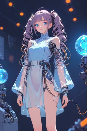 Create a detailed illustration of a young girl in a futuristic, cyberpunk environment. The young woman must have a unique and striking style, with the following characteristics:

Hair:

Bright blue color.
twin long ponytails that fall in front of her shoulders.
Face:
Delicate and youthful, with large and expressive eyes.
Outfit:
A loose see-through patient gown with front open.
The clothes should appear functional and designed for technological or exploratory activities.
internal robotic parts exposure.
Equipment:

her head connected with cables and an antenna.
One of the young woman's arms must be a robotic prosthesis, with cables, connectors and visible mechanical parts. The robotic hand should have a cracked, luminous sphere.
Background and Environment:

A busy place, such as a convention or technology fair, with people out of focus in the background.
Bright lighting, with neon lights and reflections to add to the futuristic atmosphere.
The image should capture the essence of the cyberpunk style, with a mix of technological and human elements, and an artistic touch reminiscent of comic or manga art.