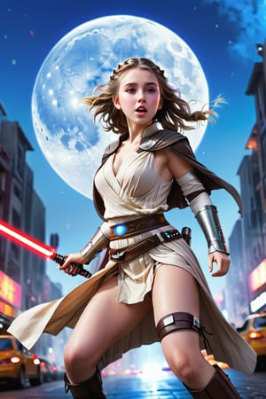 (1 jedi Girl)、In jedioutfit, jedi cape, bare-legs, ((Have a lightsaber))、pale skin, large glowing eyes, serious expression ,medium breasts, long braid, windy hair, jumping with knees bend, Super detailed illustration、extra detailed face、wide open mouth, breathing heavily , Raw photography、film grains、detailed skin textures、Detailed fabric texture、dynamic pose, Character Focus, city street, crowd ,((huge moon in the sky)), battle scene, dynamic pose,from below , ground view, look at me, detailmaster2,neon photography style,science fiction
