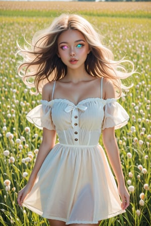 a beautiful young lady, standing in cotton field, cotton one-piece dress, tanned skin, wind-floating hair, off shoulder, detailed skin texture,  beautiful and detailed eyes, glowing eyes, heterochromia eyes, thin waist, (thick lips:0.8), decayed lips, semi -open lips,Heterochromia,  