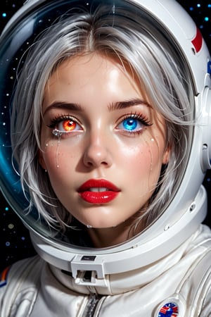 An astronote woman and space, (astronote suit),space helmet,  beautiful and detailed woman, beautiful and detailed eyes, tears in her eyes, glowing eyes, heterochromia eyes, great detail in the tears, rimel of the eyes desalineated by crying, silver hair, freckles in the pins, red lips, decayed lips, tears for the pins and mouth, semi -open lips,Heterochromia, huge planets background, 