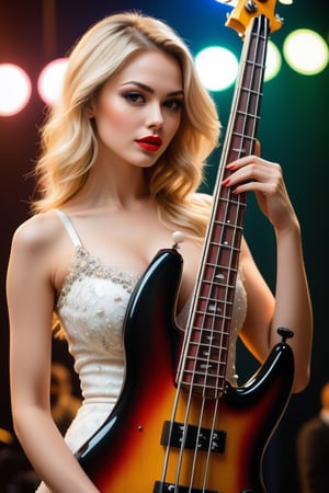 ((((Seductive woman plays electric bass:1.5, 4 strings)))), (​masterpiece、Best Quality:1.4),  (Beautiful, Aesthetic, Perfect, Delicate, Convoluted:1.2), (Cute, Adorable), (depth of fields:1.2), cinema shot, Bokeh, Perfect female shape, (Perfect face, Detailed face, full pouty lips, Glossy lips, makeup, eye line, Expressive eyes), (medium breasts, thin waist), (blonde extra long Hair 1.3), ((white bruises suits:1.3)), On stage,Good hands, Better hands,2hand, 5FINGERS,