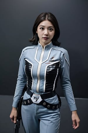 masterpiece, best quality, (cowboy shot), a real photo, 1girl portlait, Hishimi_Yuriko as Anne from Ultraseven, centered frame, character focus, dynamic lighting, lips apart, (aiming a gun), detailed face, detailed fabric texture,