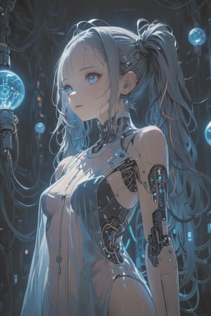 Create a detailed illustration of a young girl in a futuristic, cyberpunk environment. The young woman must have a unique and striking style, with the following characteristics:

Hair:

Bright blue color.
twin long ponytails that fall in front of her shoulders.
Face:
Delicate and youthful, with large and expressive eyes.
Outfit:
A loose see-through patient gown with front open.
The clothes should appear functional and designed for technological or exploratory activities.
internal robotic parts exposure.
Equipment:

her head connected with cables and an antenna.
One of the young woman's arms must be a robotic prosthesis, with cables, connectors and visible mechanical parts. The robotic hand should have a cracked, luminous sphere.
Background and Environment:

A busy place, such as a convention or technology fair, with people out of focus in the background.
Bright lighting, with neon lights and reflections to add to the futuristic atmosphere.
The image should capture the essence of the cyberpunk style, with a mix of technological and human elements, and an artistic touch reminiscent of comic or manga art.