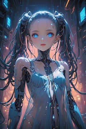 Create a detailed illustration of a young girl in a futuristic, cyberpunk environment. The young woman must have a unique and striking style, with the following characteristics:

Hair:

Bright blue color.
twin long ponytails that fall in front of her shoulders.
Face:
Delicate and youthful, with large and expressive eyes.
Outfit:
A loose see-through patient gown with front open.
The clothes should appear functional and designed for technological or exploratory activities.
internal robotic parts exposure.
Equipment:

her head connected with cables and an antenna.
One of the young woman's arms must be a robotic prosthesis, with cables, connectors and visible mechanical parts. The robotic hand should have a cracked, luminous sphere.
Background and Environment:

A busy place, such as a convention or technology fair, with people out of focus in the background.
Bright lighting, with neon lights and reflections to add to the futuristic atmosphere.
The image should capture the essence of the cyberpunk style, with a mix of technological and human elements, and an artistic touch reminiscent of comic or manga art.