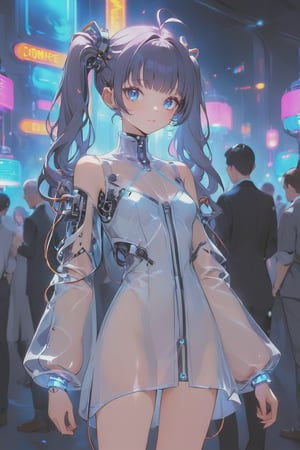 Create a detailed illustration of a young girl in a futuristic, cyberpunk environment. The young woman must have a unique and striking style, with the following characteristics:

Hair:

Bright blue color.
twin long ponytails that fall in front of her shoulders.
Face:
Delicate and youthful, with large and expressive eyes.
Outfit:
A loose see-through patient gown with front open.
The clothes should appear functional and designed for technological or exploratory activities.
internal robotic parts exposure.
Equipment:

her head connected with cables and an antenna.
One of the young woman's arms must be a robotic prosthesis, with cables, connectors and visible mechanical parts. The robotic hand should have a cracked, luminous sphere.
Background and Environment:

A busy place, such as a convention or technology fair, with people out of focus in the background.
Bright lighting, with neon lights and reflections to add to the futuristic atmosphere.
The image should capture the essence of the cyberpunk style, with a mix of technological and human elements, and an artistic touch reminiscent of comic or manga art.