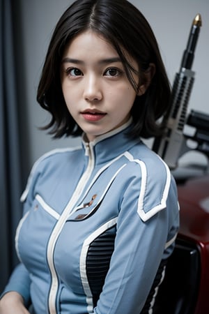 masterpiece, best quality, (cowboy shot), a real portlait, Hishimi_Yuriko as Anne from Ultraseven, centered frame, character focus, dynamic lighting, lips apart, aiming a gun, detailed face, detailed fabric texture,